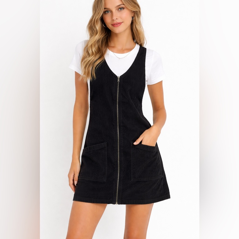 395. SO Black Corduroy Zip-Front Jumper Dress - Juniors